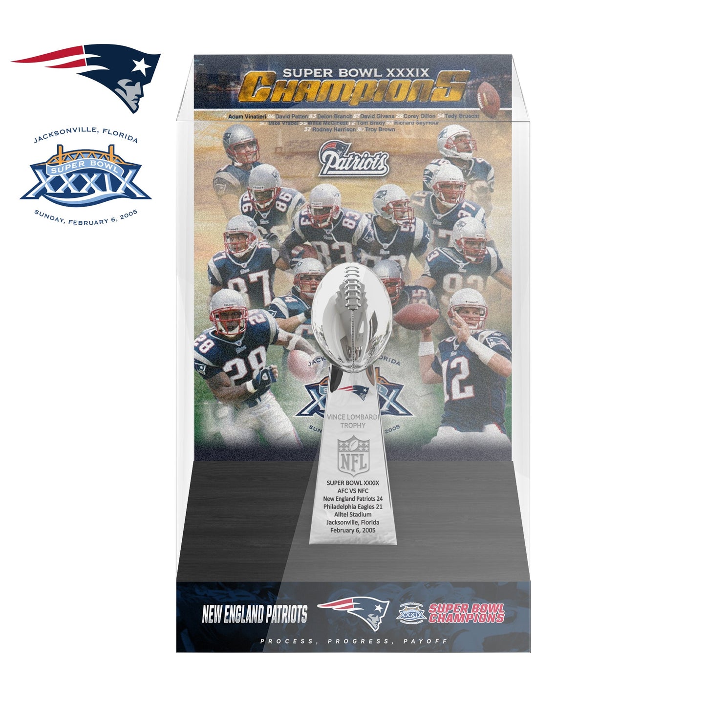 2005 New England Patriots Super Bowl XXXIX Championship Trophy Display Case