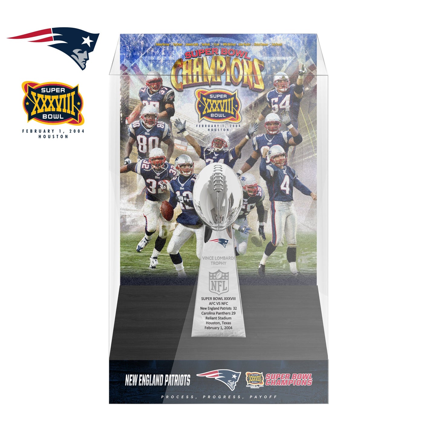 2004 New England Patriots Super Bowl XXXVIII Championship Trophy Display Case