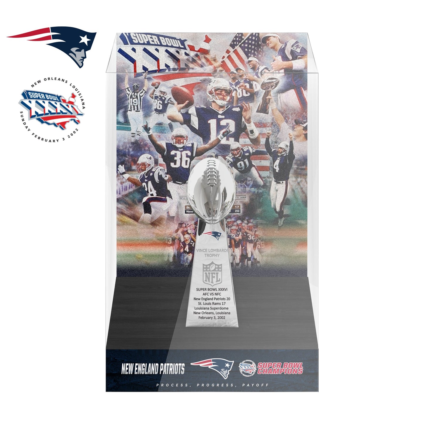 2002 New England Patriots Super Bowl XXXVI Championship Trophy Display Case