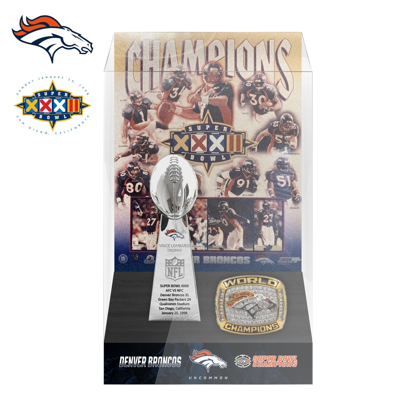 1998 Denver Broncos Super Bowl XXXII Championship Trophy Display Case