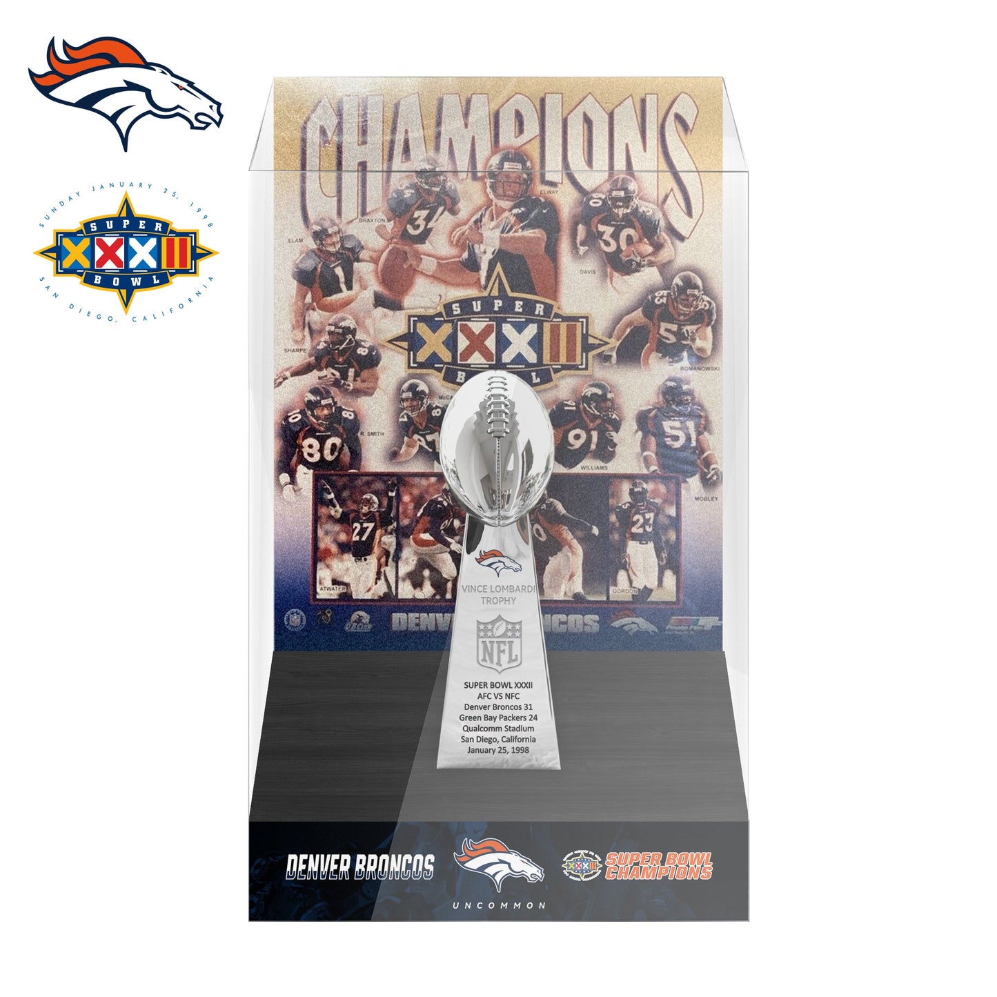 1998 Denver Broncos Super Bowl XXXII Championship Trophy Display Case