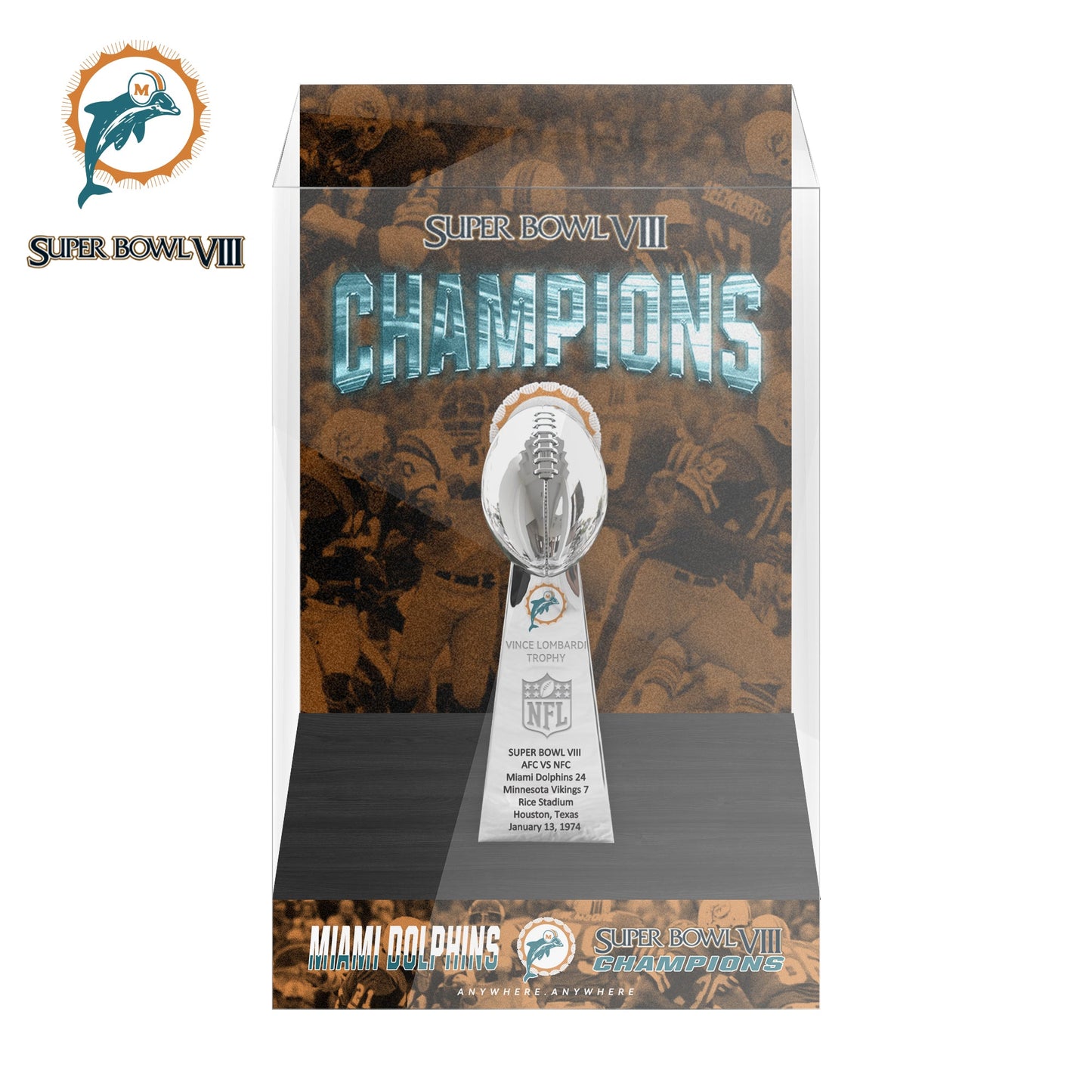 1974 Miami Dolphins Super Bowl VIII Championship Trophy Display Case