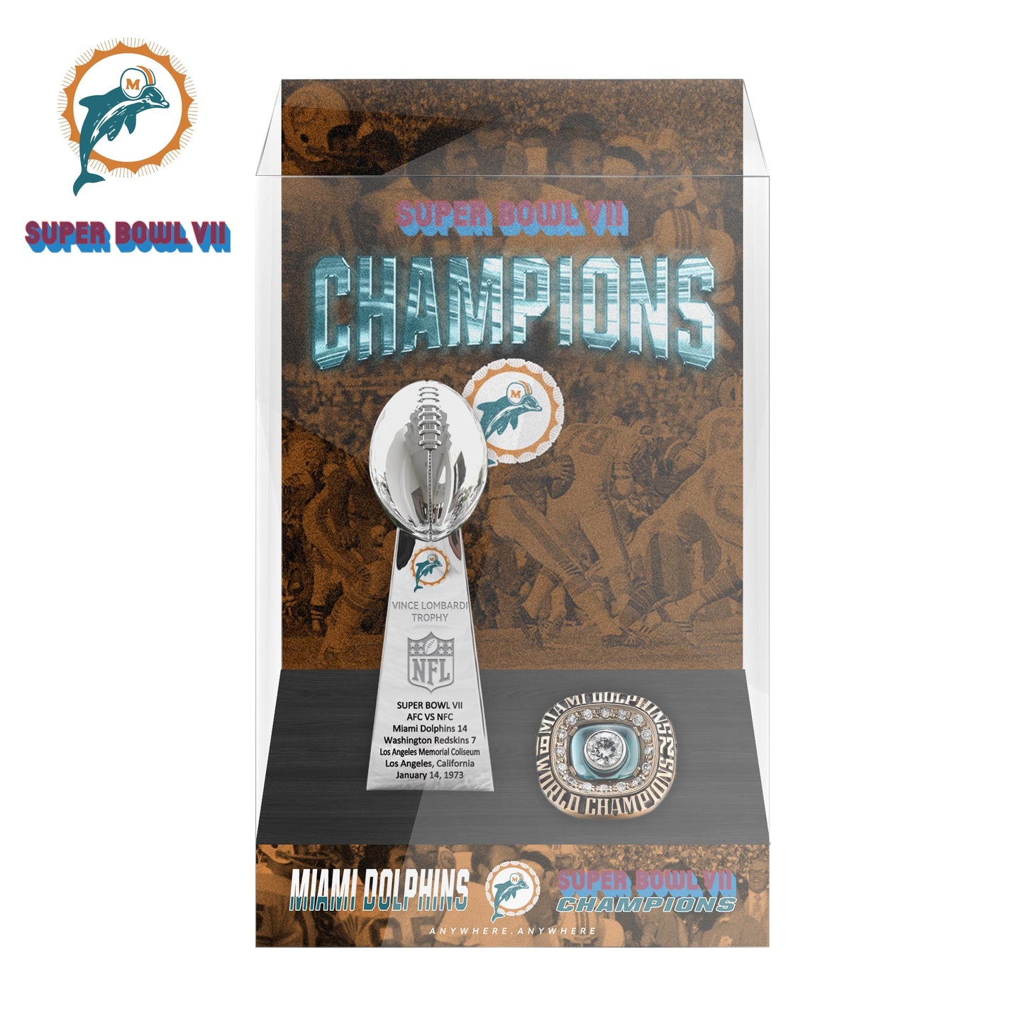 1973 Miami Dolphins Super Bowl VII Championship Trophy Display Case