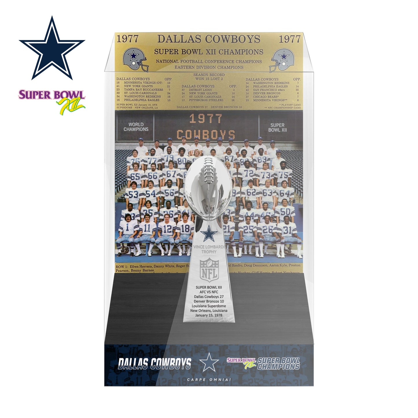 1978 Dallas Cowboys Super Bowl XII Championship Trophy Display Case