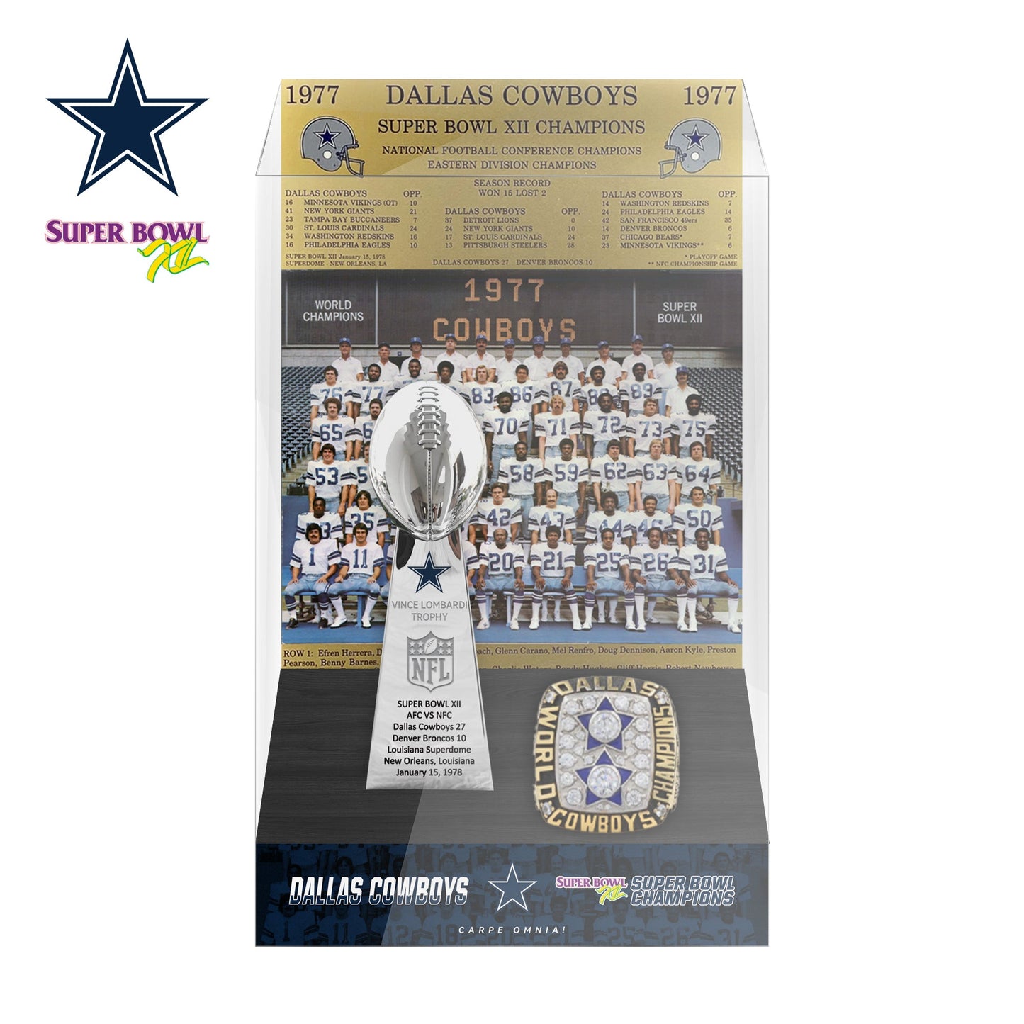 1978 Dallas Cowboys Super Bowl XII Championship Trophy Display Case
