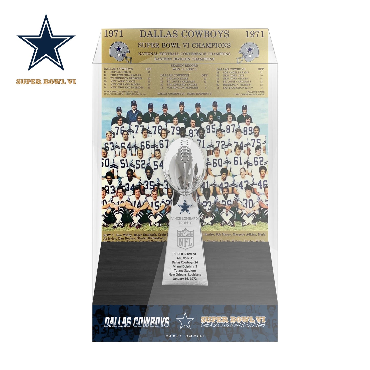 1972 Dallas Cowboys Super Bowl VI Championship Trophy Display Case