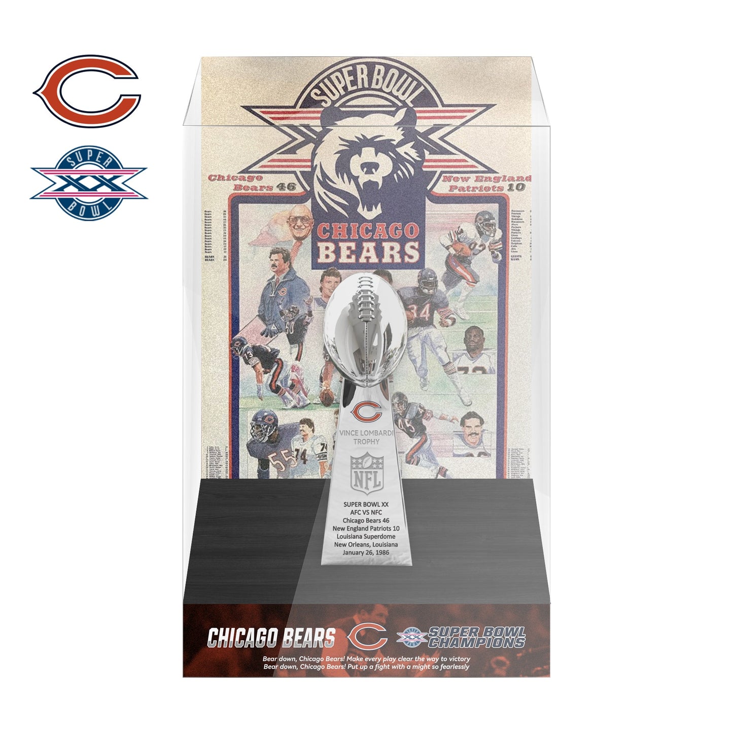 1986 Chicago Bears Super Bowl XX Championship Trophy Display Case