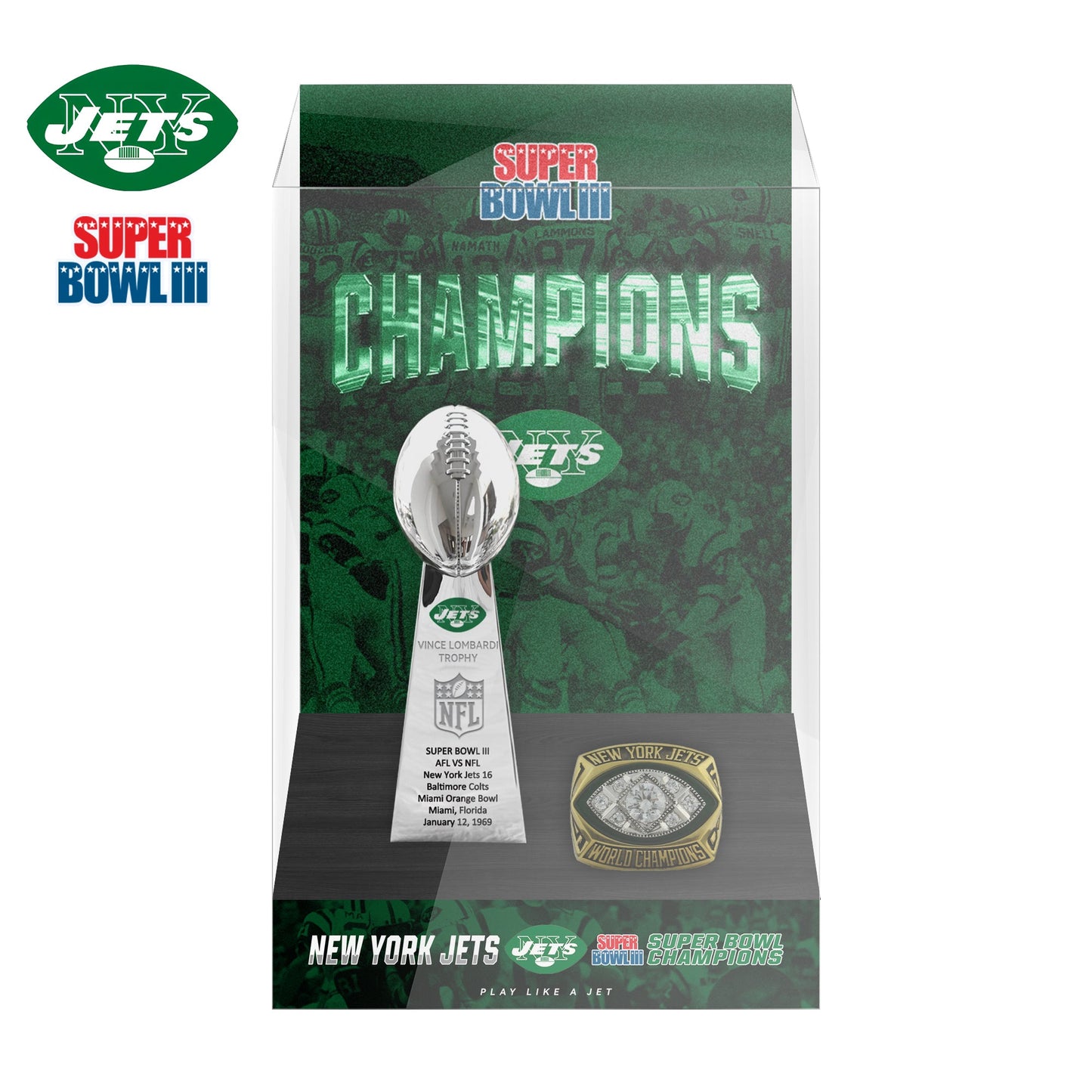 1969 New York Jets Super Bowl III Championship Trophy Display Case