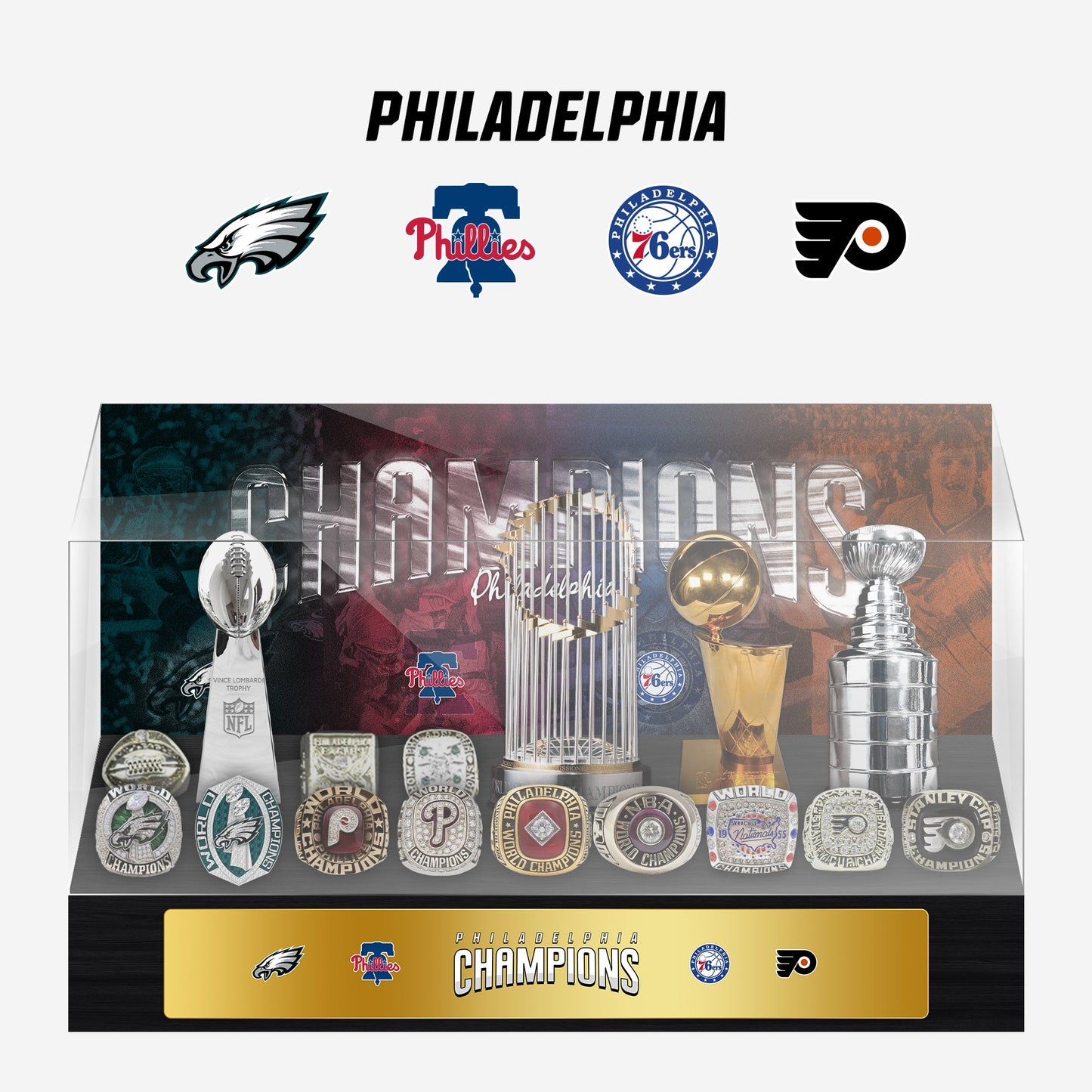 Philadelphia Championship Trophy and Rings Display Case