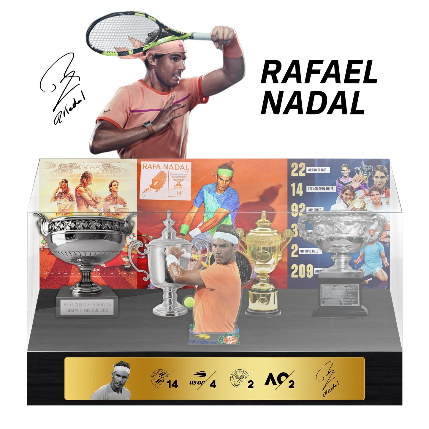 Rafael Nadal Tennis Grand Slam Display Case Metal Trophy Case