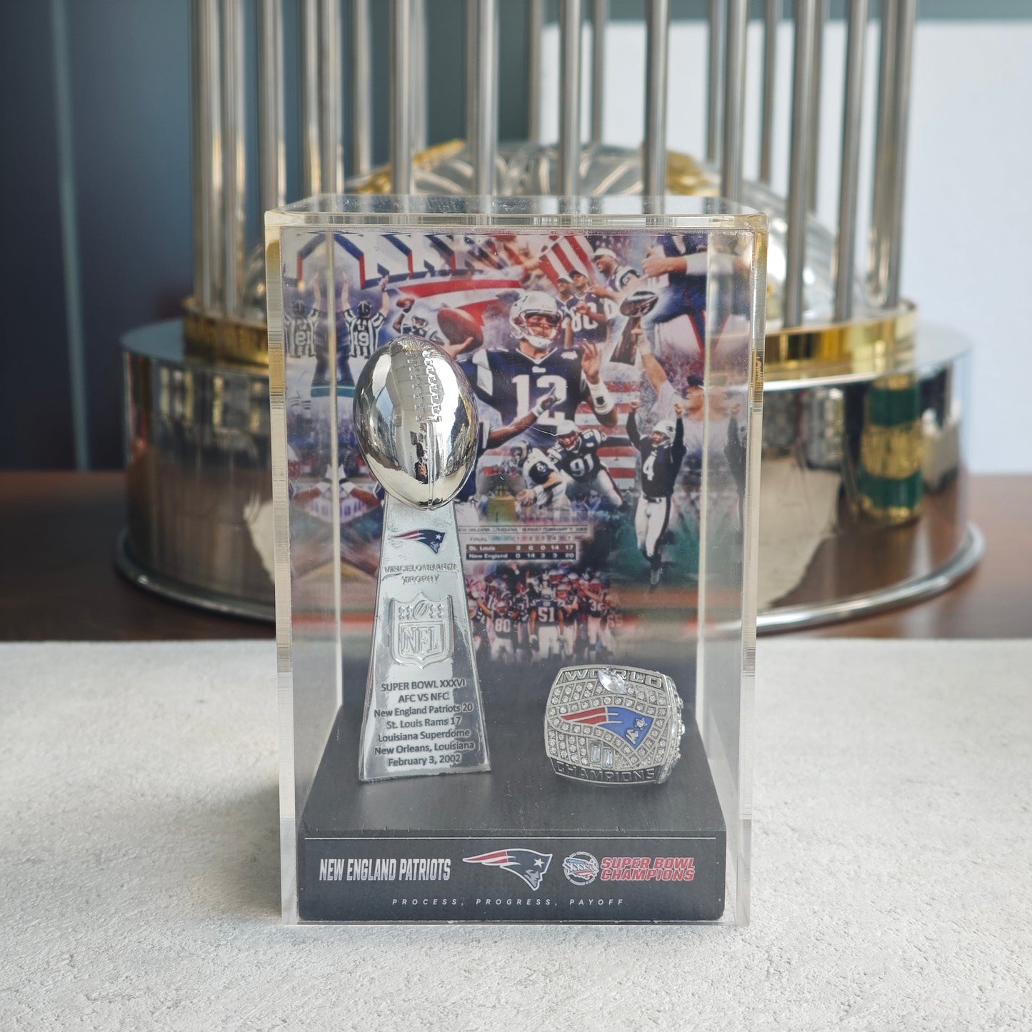 2002 New England Patriots Super Bowl XXXVI Championship Trophy Display Case