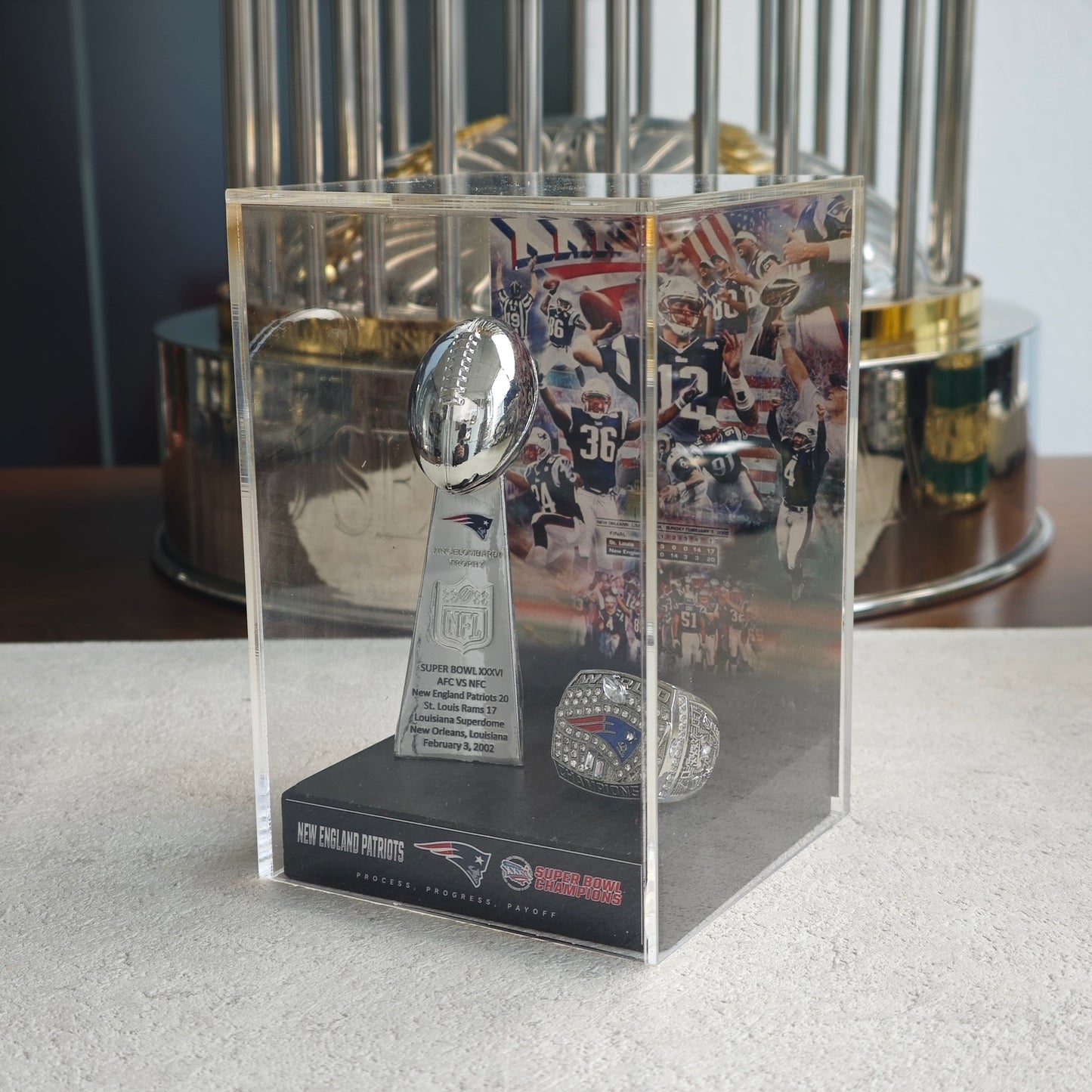 2002 New England Patriots Super Bowl XXXVI Championship Trophy Display Case