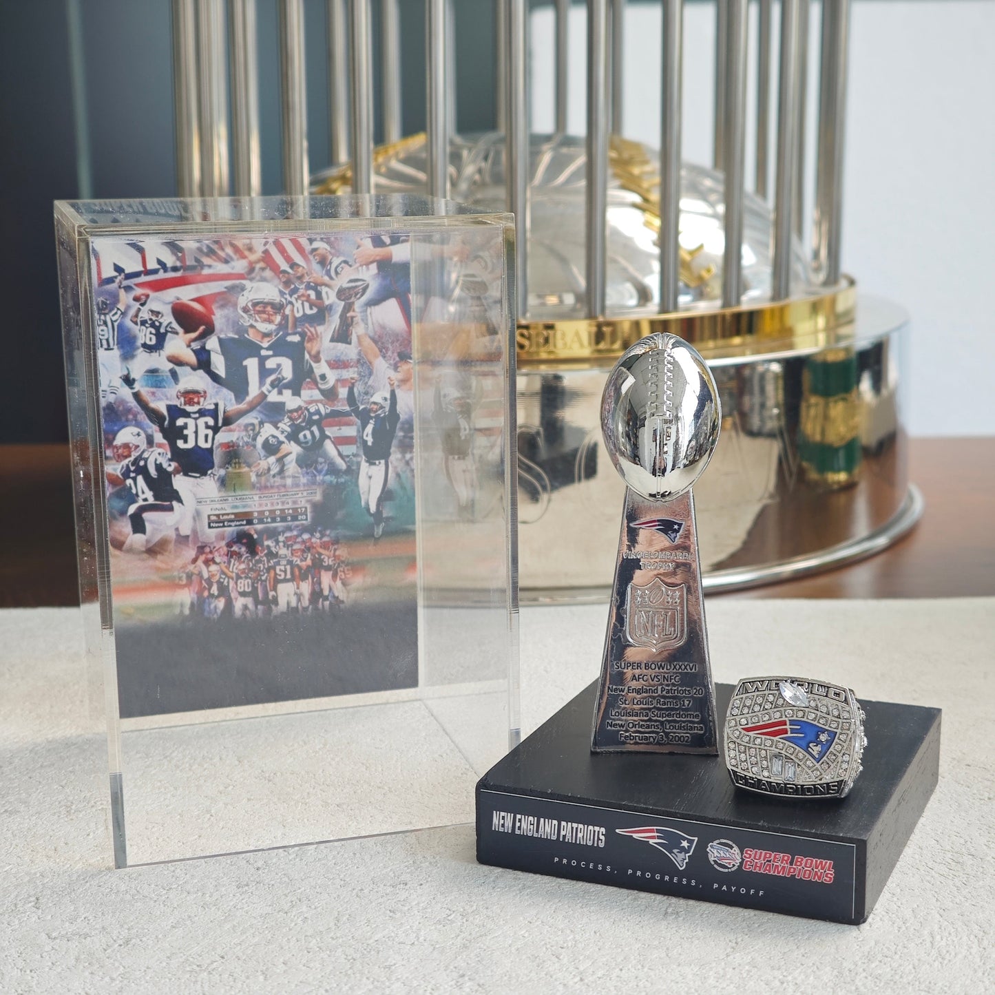 2002 New England Patriots Super Bowl XXXVI Championship Trophy Display Case