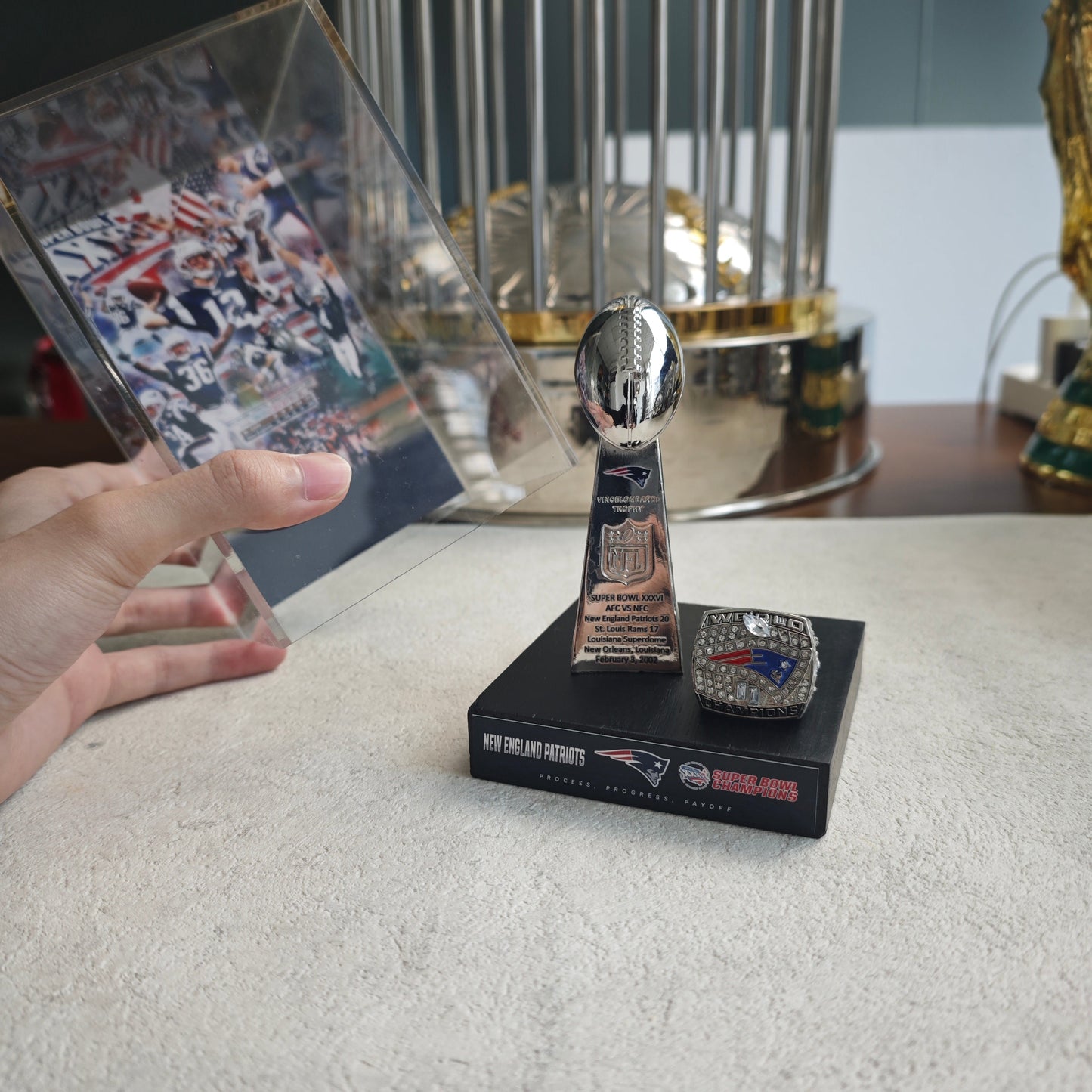 2002 New England Patriots Super Bowl XXXVI Championship Trophy Display Case