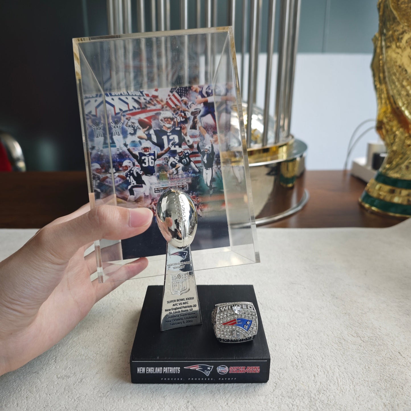 2002 New England Patriots Super Bowl XXXVI Championship Trophy Display Case