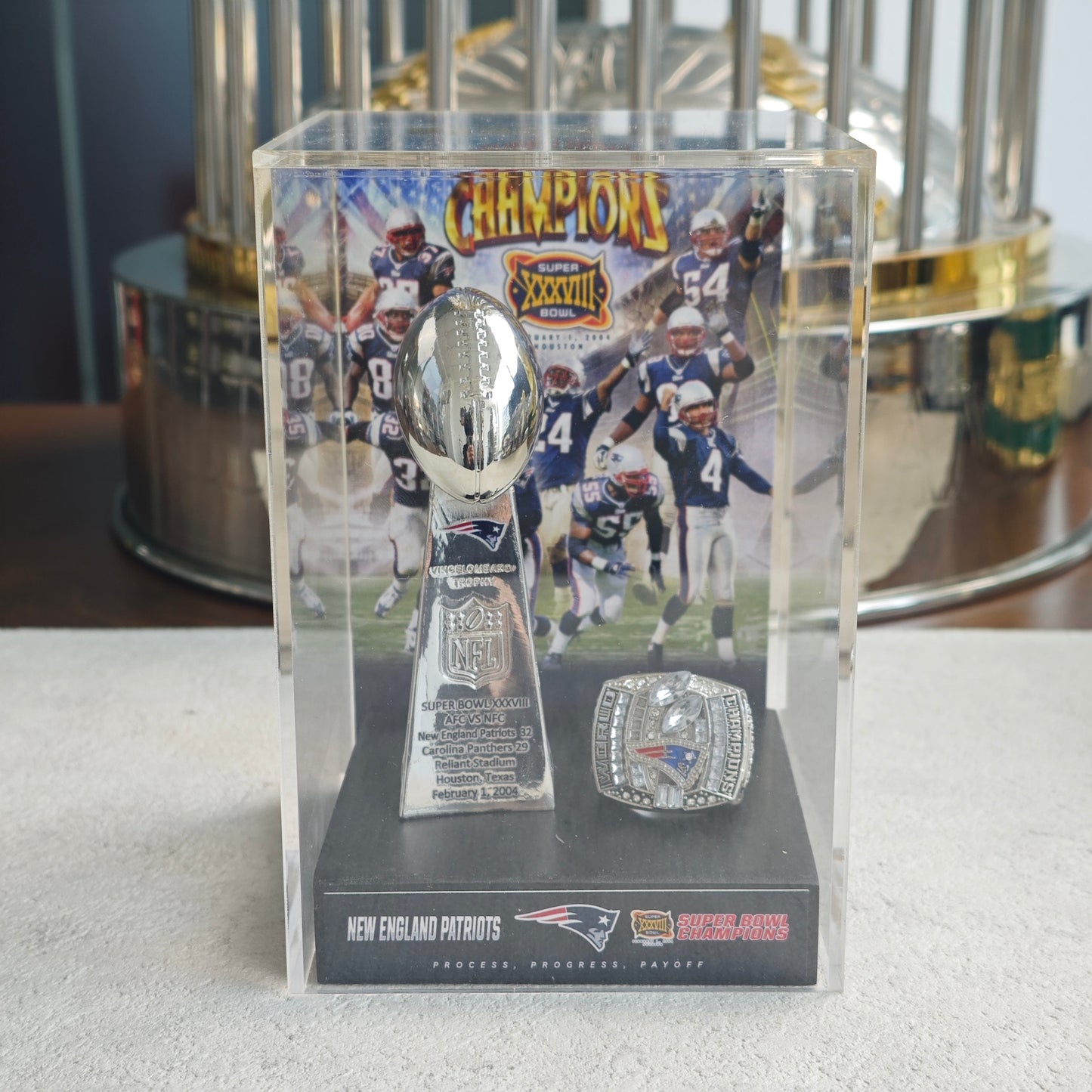 2004 New England Patriots Super Bowl XXXVIII Championship Trophy Display Case