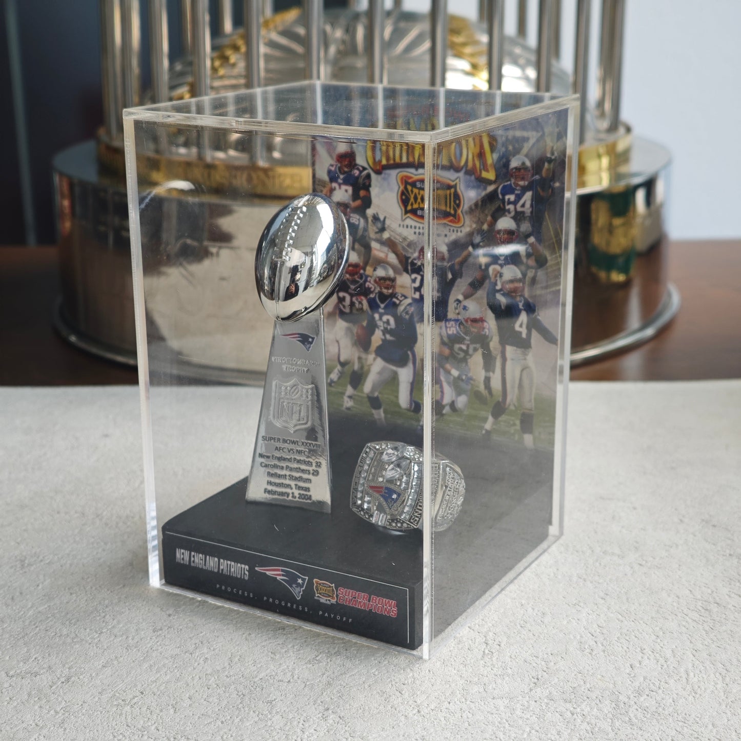 2004 New England Patriots Super Bowl XXXVIII Championship Trophy Display Case