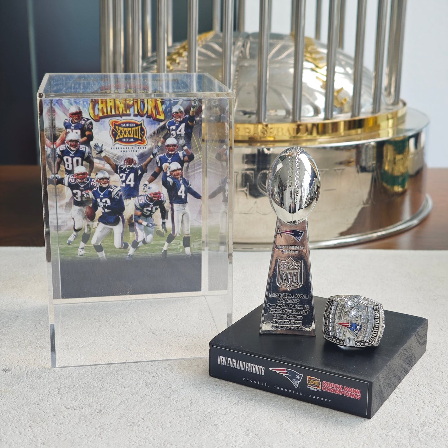 2004 New England Patriots Super Bowl XXXVIII Championship Trophy Display Case