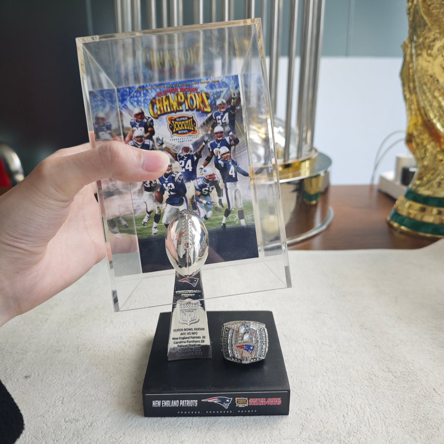 2004 New England Patriots Super Bowl XXXVIII Championship Trophy Display Case