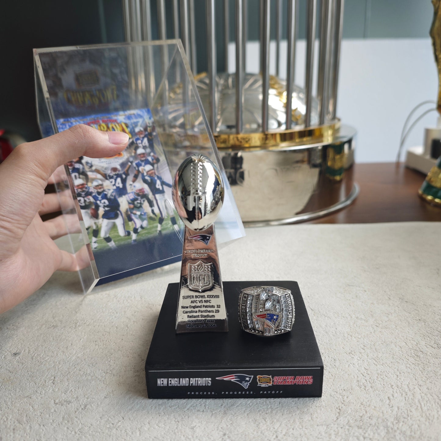 2004 New England Patriots Super Bowl XXXVIII Championship Trophy Display Case