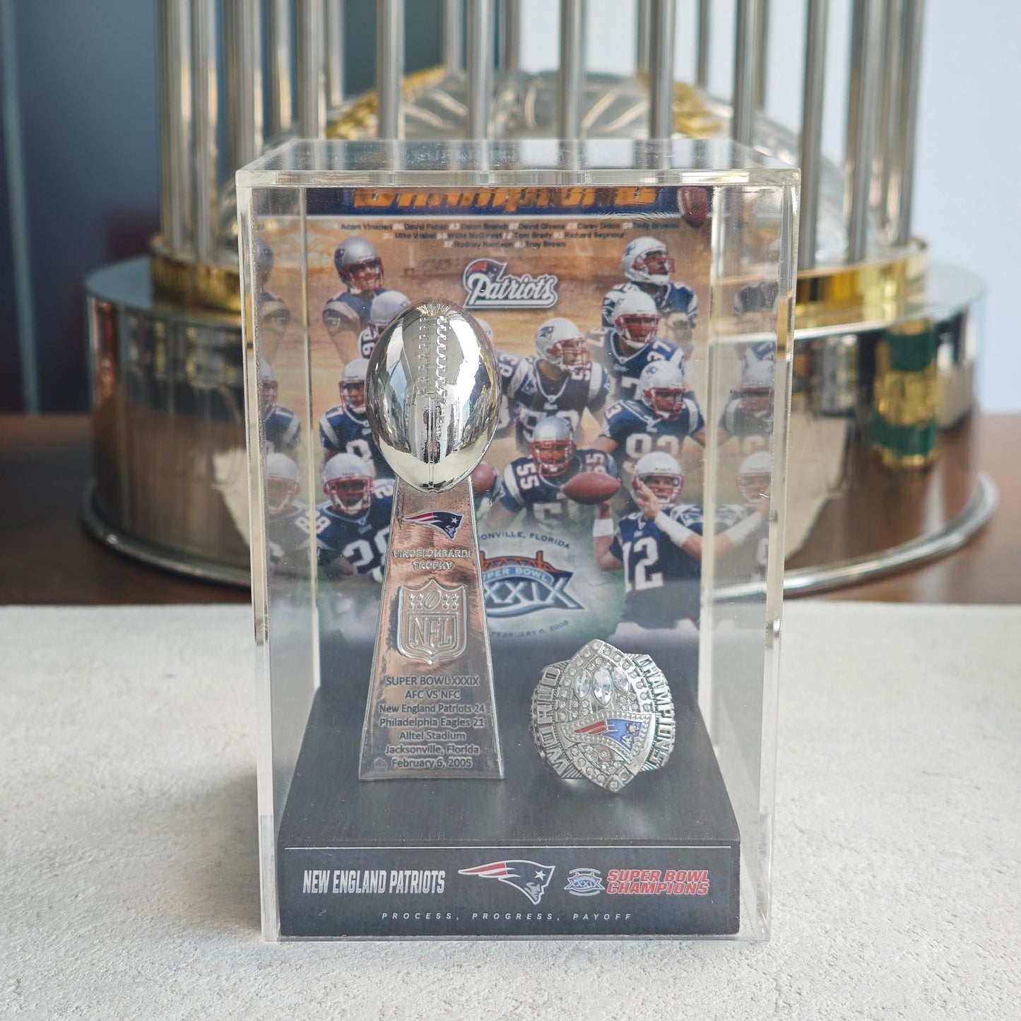 2005 New England Patriots Super Bowl XXXIX Championship Trophy Display Case