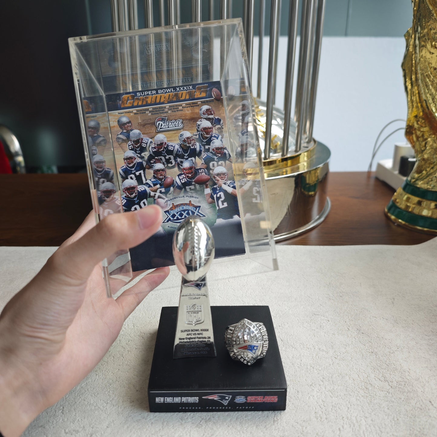 2005 New England Patriots Super Bowl XXXIX Championship Trophy Display Case
