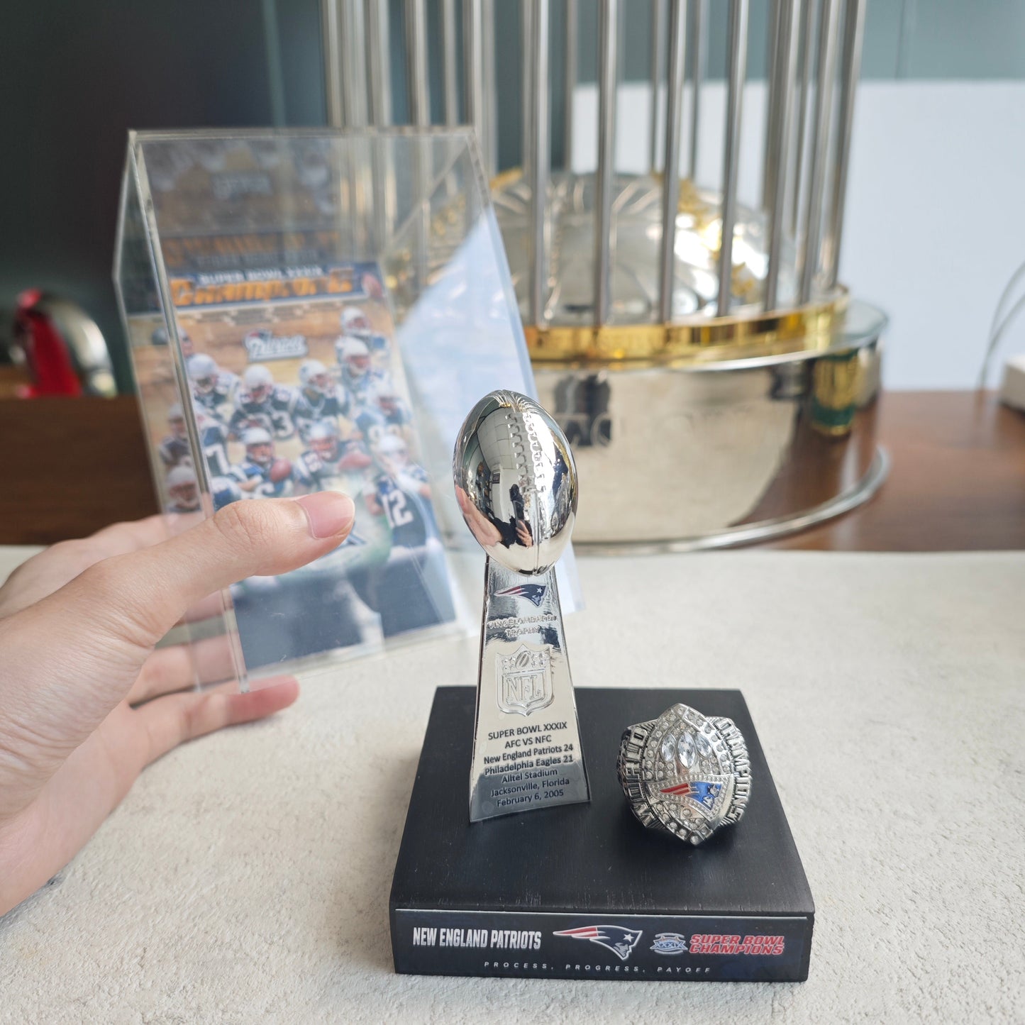 2005 New England Patriots Super Bowl XXXIX Championship Trophy Display Case