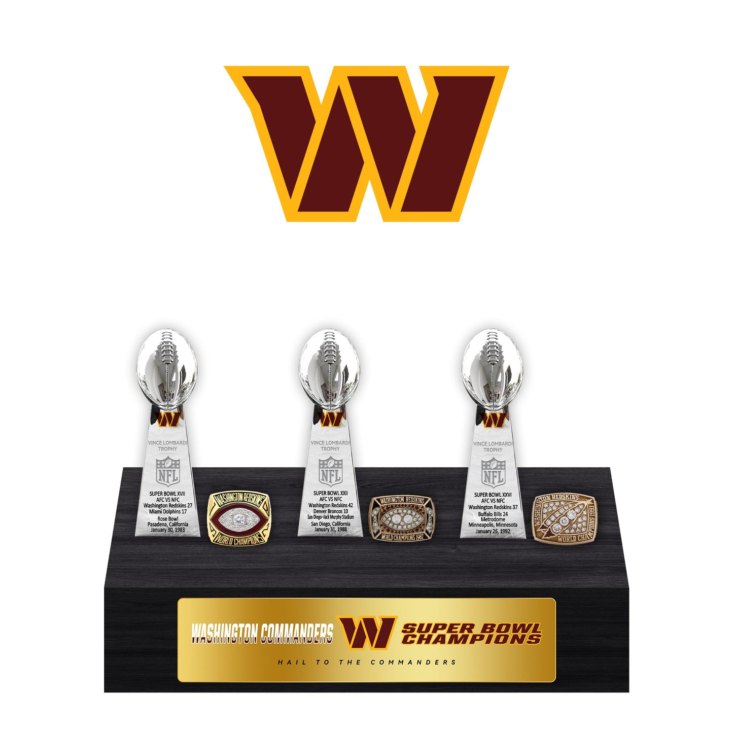 Washington Redskins Super Bowl Championship Trophy Ring Display Case
