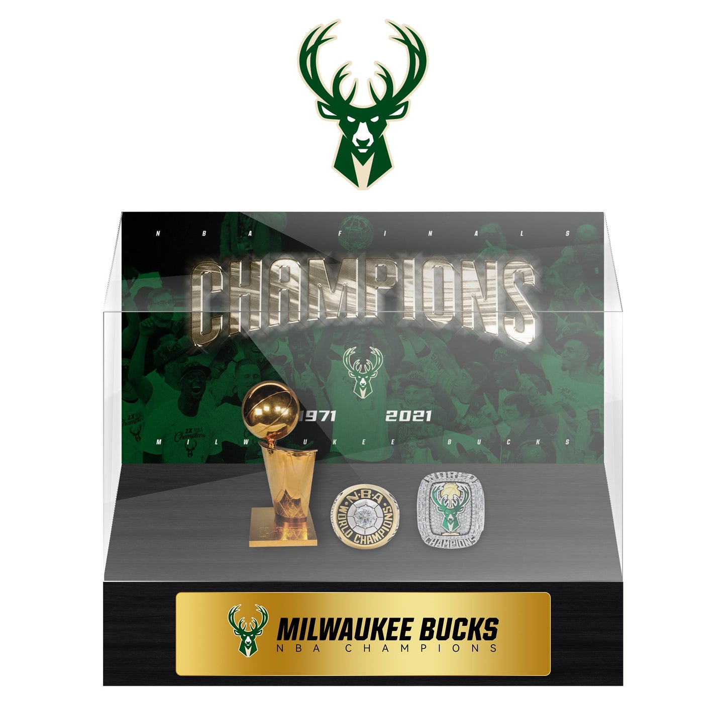Milwaukee Bucks NBA Trophy And Ring Display Case SET