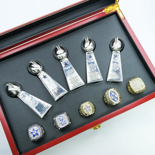 [Dallas Cowboys ]5 Trophys and 5 Pcs Ring Set + Box NFL