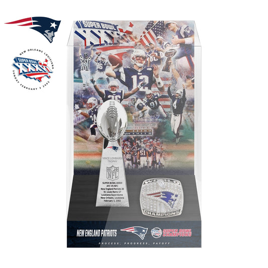 2002 New England Patriots Super Bowl XXXVI Championship Trophy Display Case