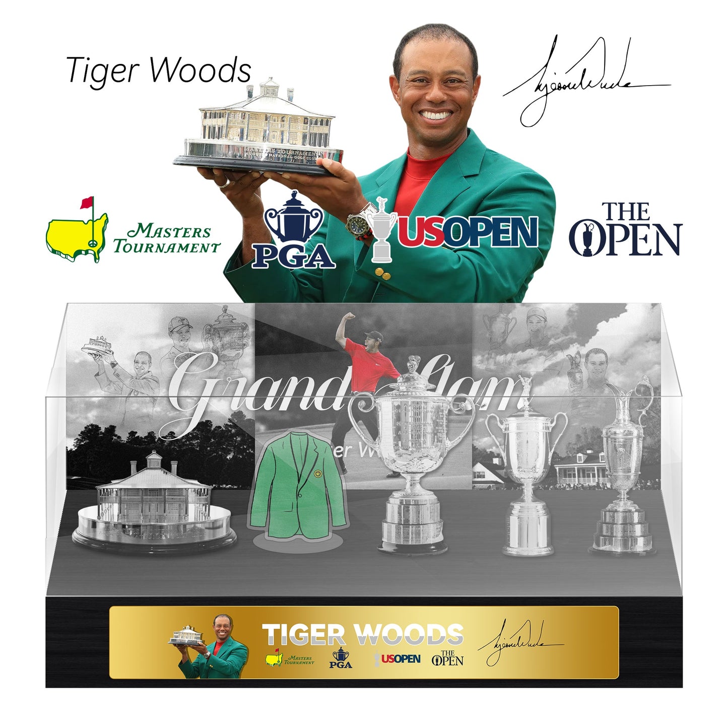 Tiger Woods Golf Grand Slam Trophy  Display Case[Trophies Included]