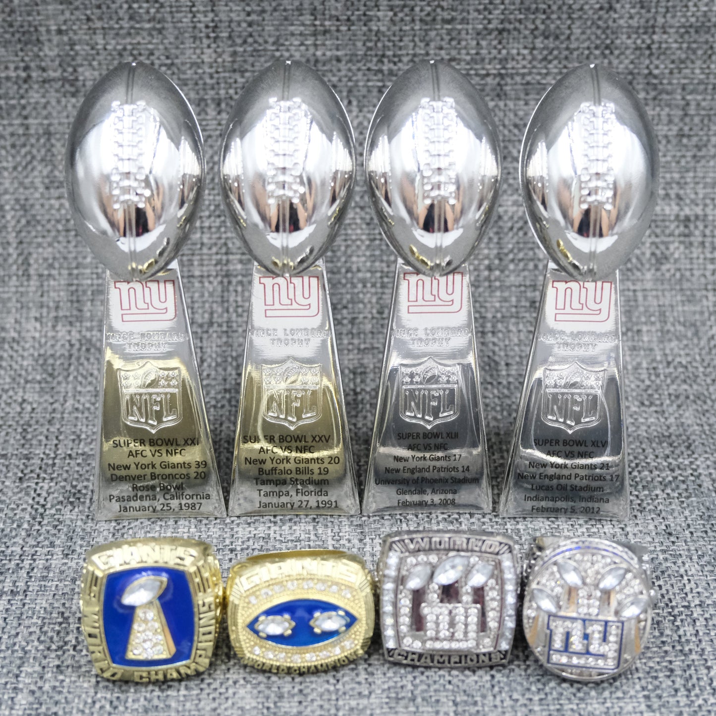 [ NEW YORK GIANTS]4 Trophys and 4 Pcs Ring Set + Box NFL