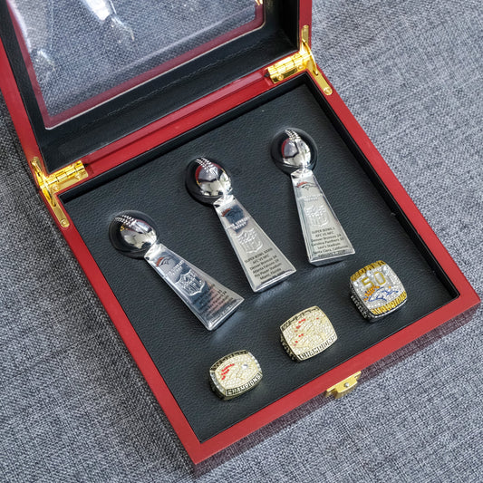 [DENVER BRONCOS ]3 Trophys and 3 Pcs Ring Set + Box NFL
