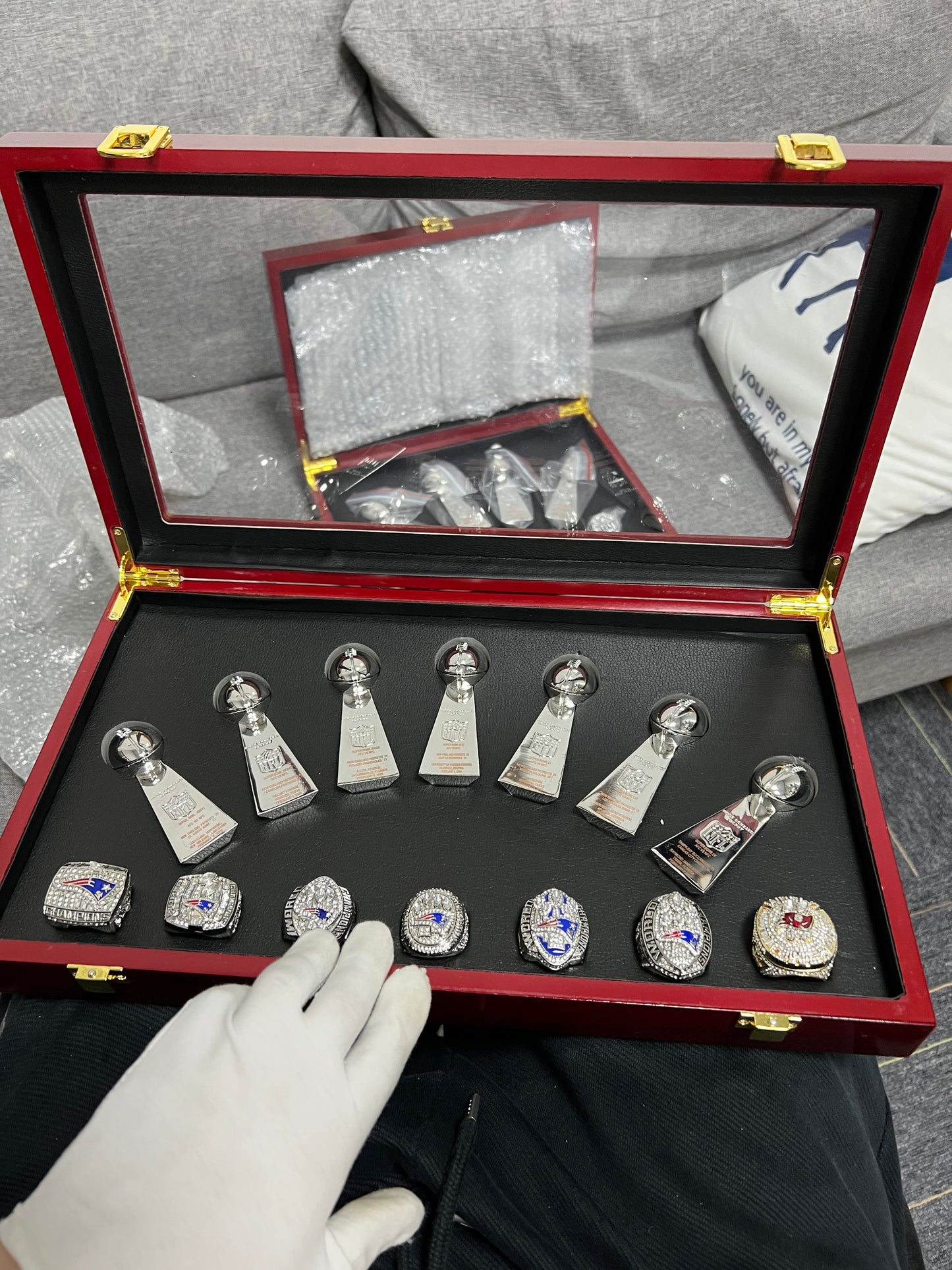 [Tom Brady]NFL 7-pcs Championship Rings And Trophies Set Box Goat Tom Brady MVP