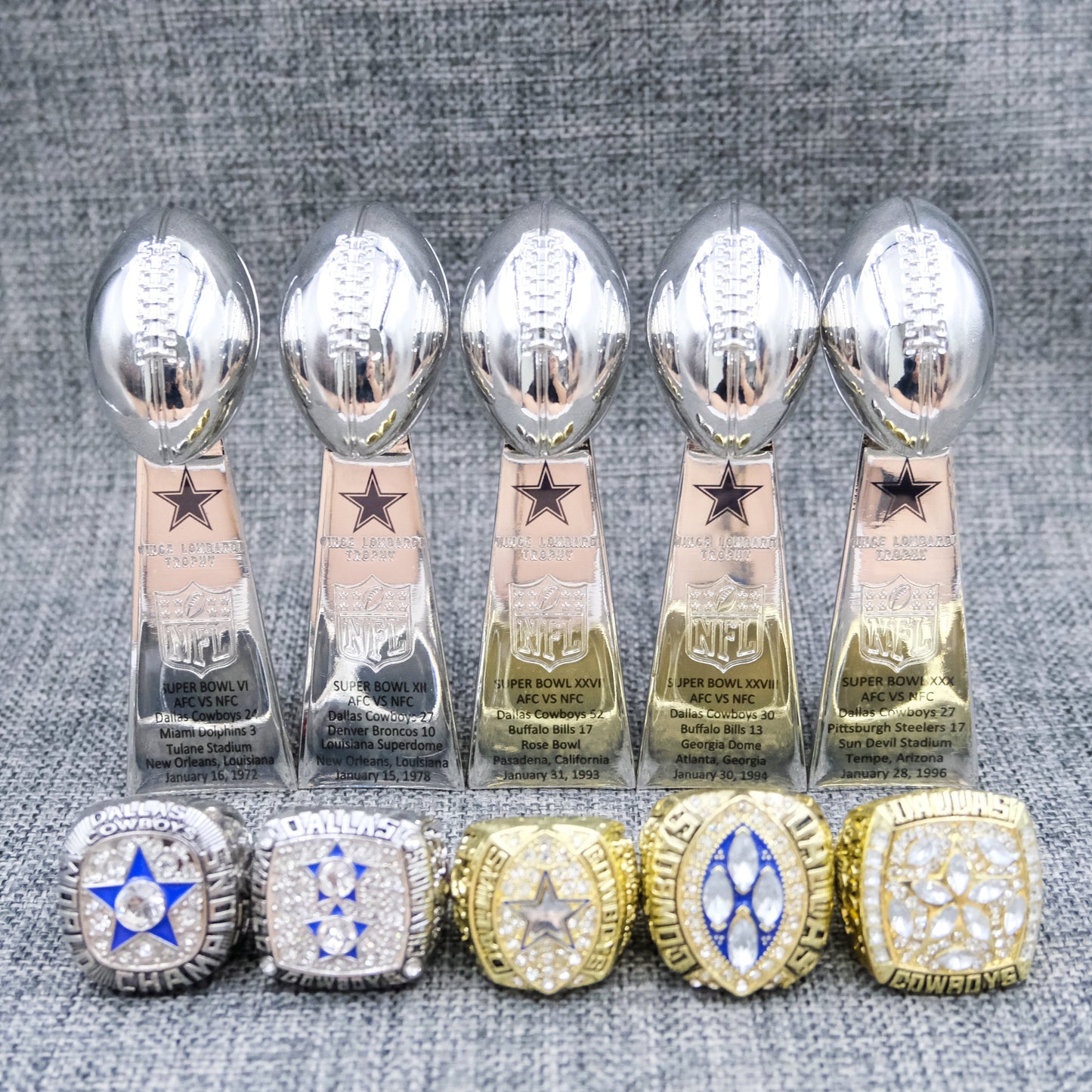 [Dallas Cowboys ]5 Trophys and 5 Pcs Ring Set + Box NFL