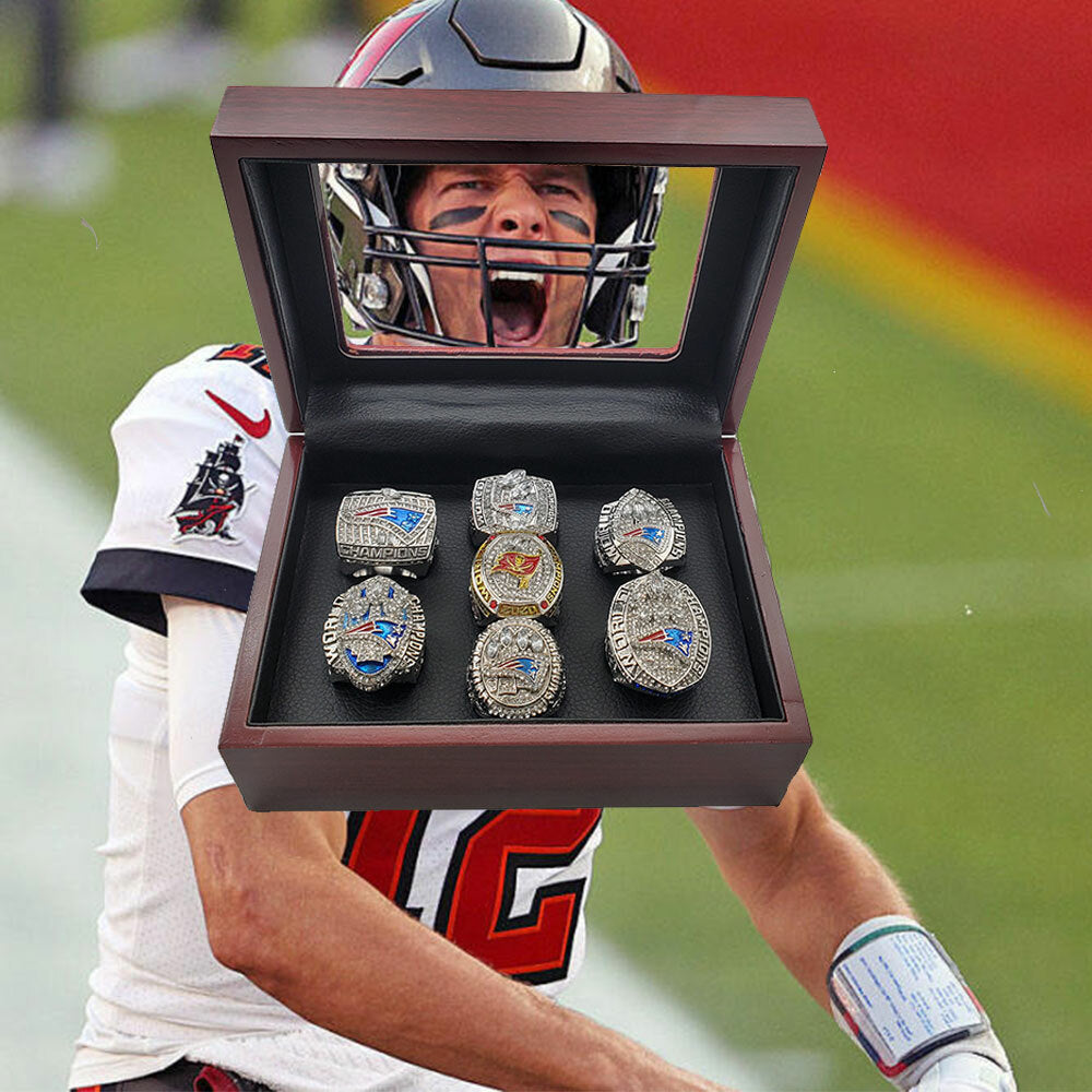 [Tom Brady]NFL 7-pcs Championship Rings And Trophies Set Box Goat Tom Brady MVP
