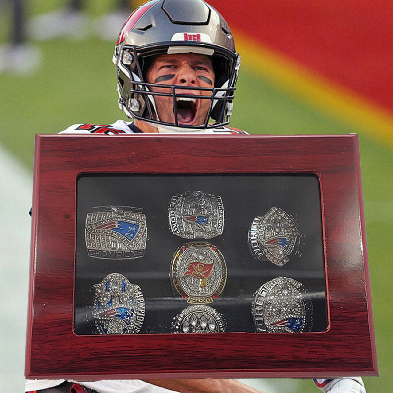 [Tom Brady]NFL 7-pcs Championship Rings And Trophies Set Box Goat Tom Brady MVP