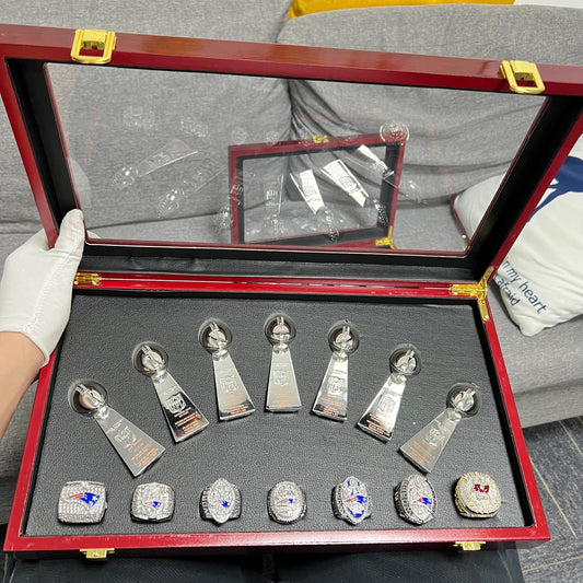 [Tom Brady]NFL 7-pcs Championship Rings And Trophies Set Box Goat Tom Brady MVP