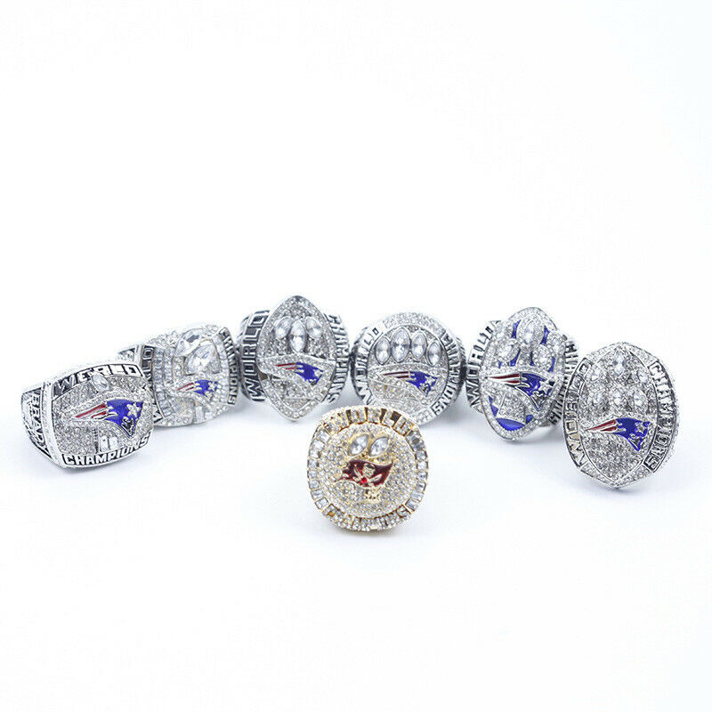 [Tom Brady]NFL 7-pcs Championship Rings And Trophies Set Box Goat Tom Brady MVP