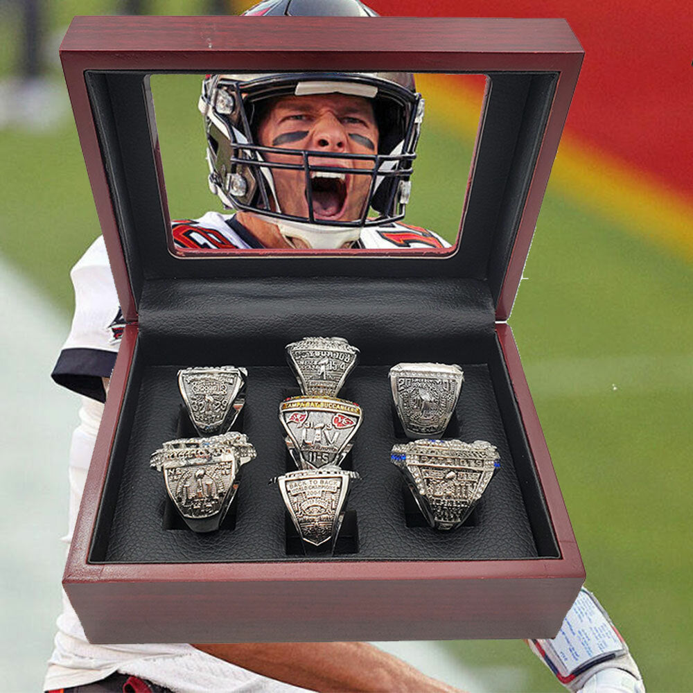 [Tom Brady]NFL 7-pcs Championship Rings And Trophies Set Box Goat Tom Brady MVP